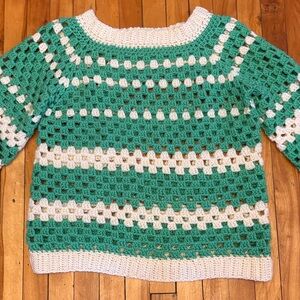 Hand Crafted Green and White Crochet Scoop-Neck Sweater - Large to Extra Large